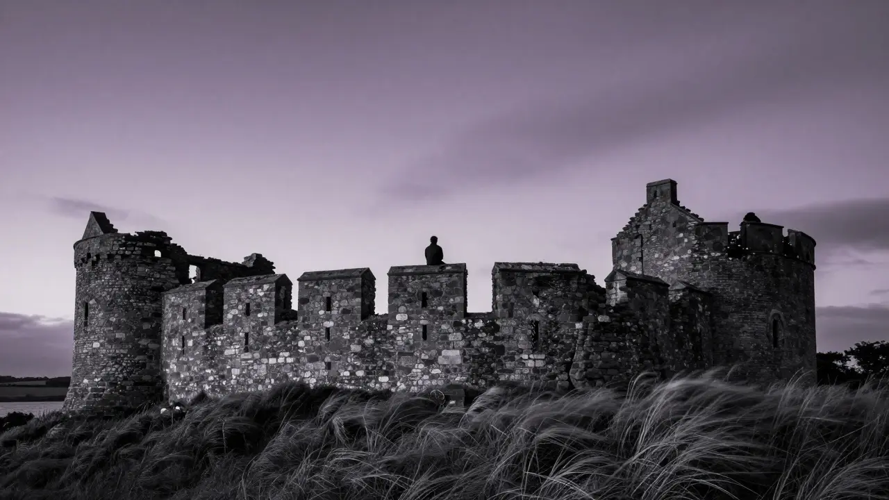 Figure sitting on Finlarig Castle wall at dusk, faint chains in stone, wind stirring grass in twilight.