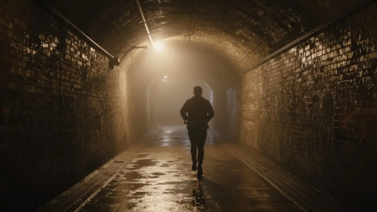 Foggy Princes Street Tunnel at dawn with a running silhouette and flickering light at the end.