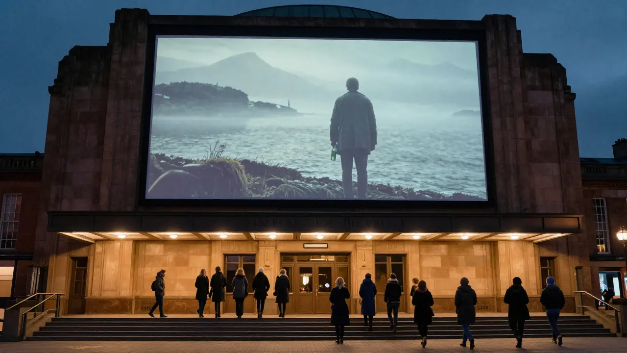 Glasgow Film Theatre at dusk with a line of attendees and a film projection flickering on the wall.