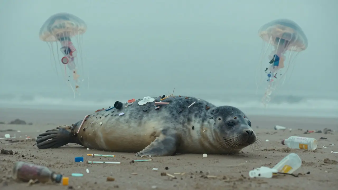 Grey seal pup nestled in dunes surrounded by plastic debris shaped like jellyfish.