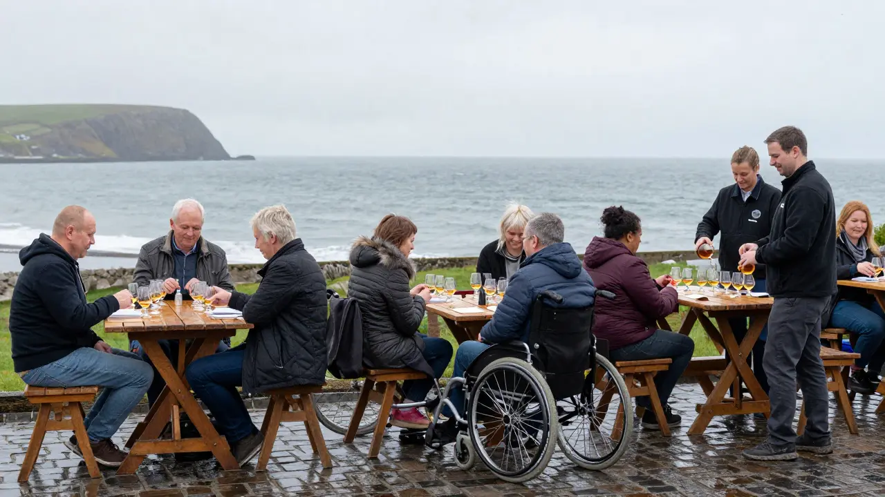 Group enjoying a seated whisky tasting with sea views at Oban Distillery.