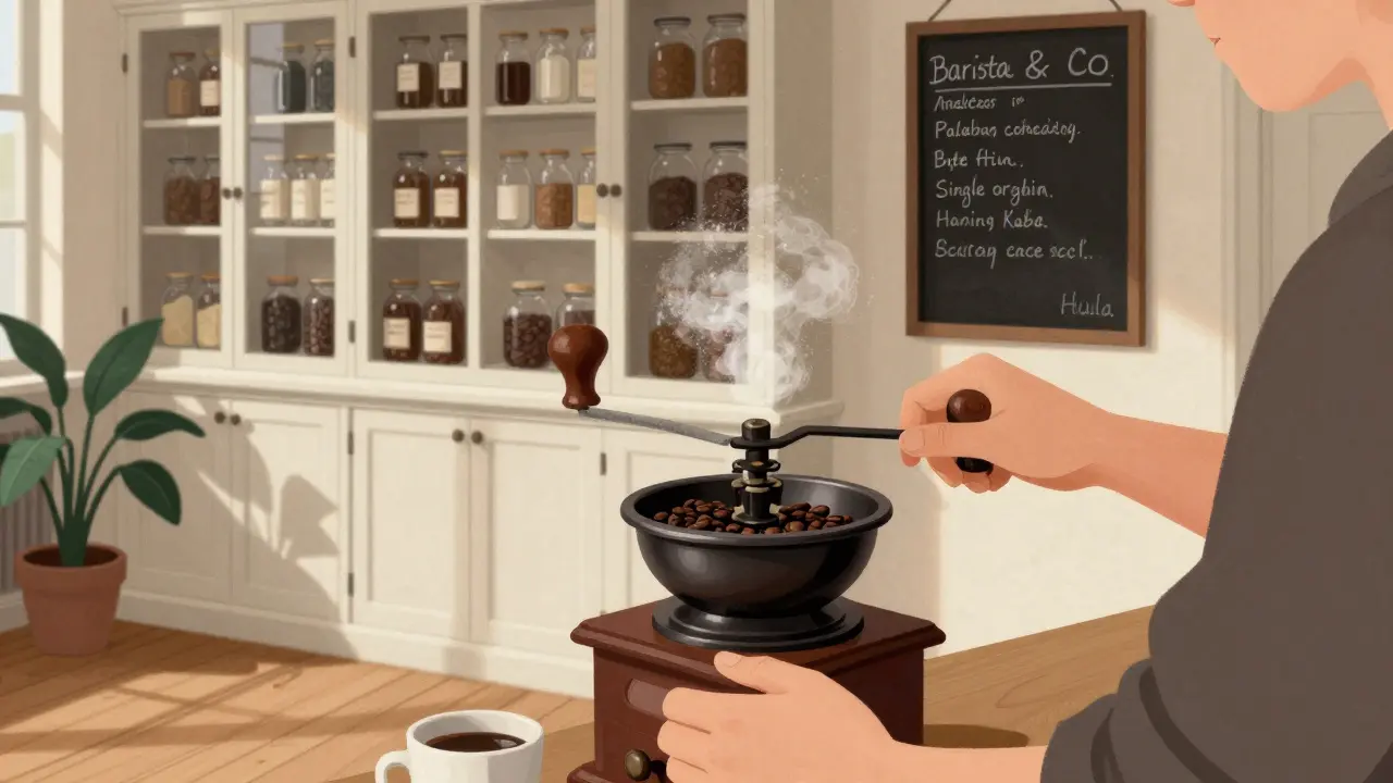 Hands grinding fresh coffee beans in a historic pharmacy-turned-cafe with soft sunlight and chalkboard menu.