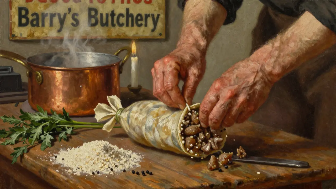 Hands making traditional haggis with oatmeal and spices beside a copper pot and butcher shop sign.