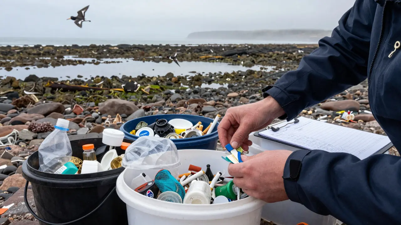 Hands sorting marine litter into buckets on a rocky shore with clipboard and tide pools.