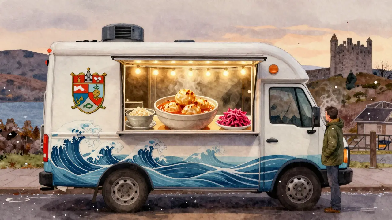 Hebridean Heat food truck in Inverness serving creamy Cullen Skink Dumplings at dusk with snow falling.
