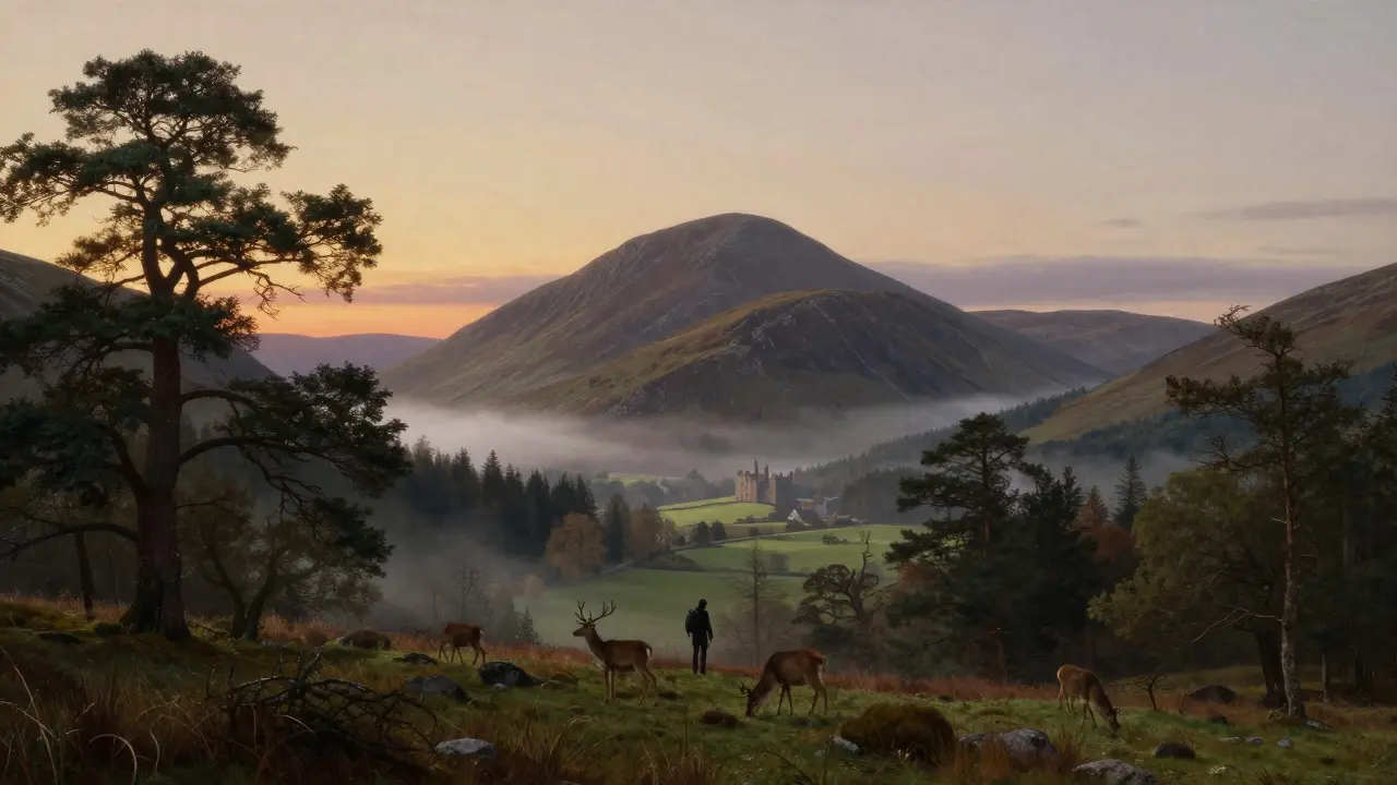 Lochnagar mountain summit at sunrise overlooking Balmoral Castle and Royal Deeside valley.