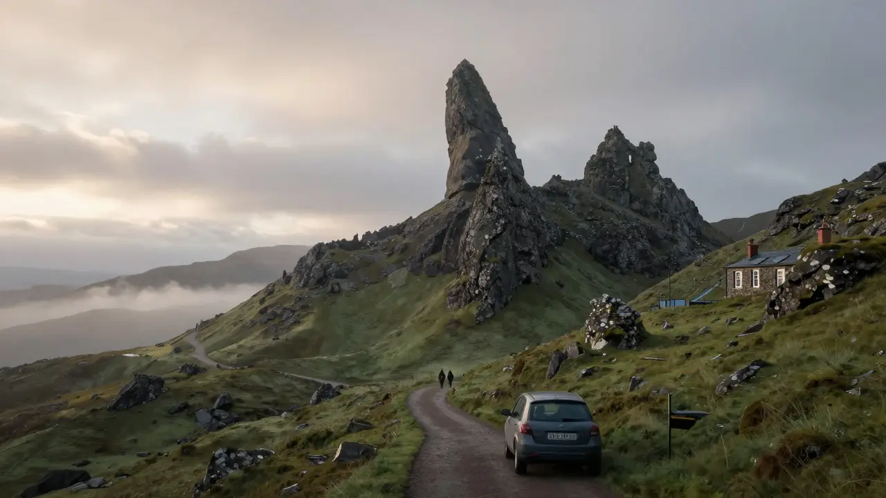 Quiet path to Old Man of Storr at dawn with few walkers and the Staffin Hotel in the distance.