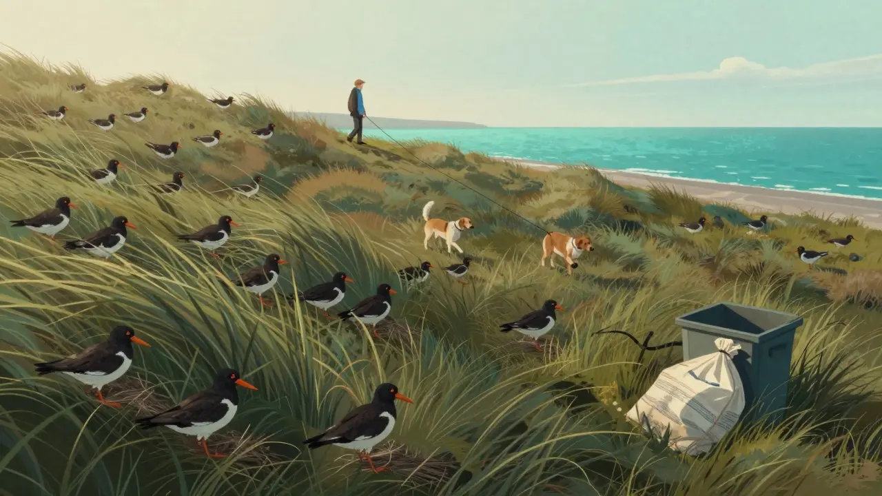 Seabirds nest in coastal dunes as a dog on a leash walks with its owner, waste bag in bin, under a dawn sky.