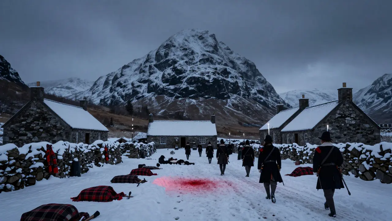 Snowy Glencoe landscape at dawn with soldiers near cottages, the Massacre Stone visible in the foreground.