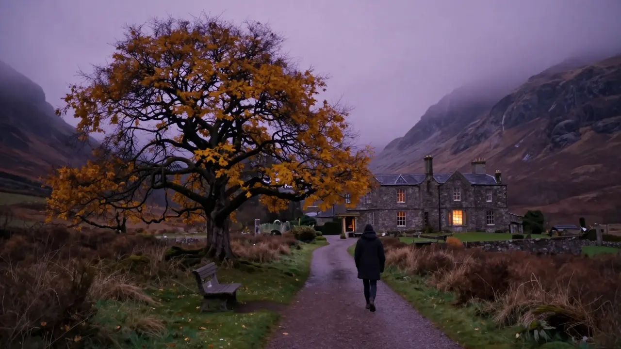 Solo figure walking a misty path at dusk near a stone bench under a yew tree in Glencoe House.