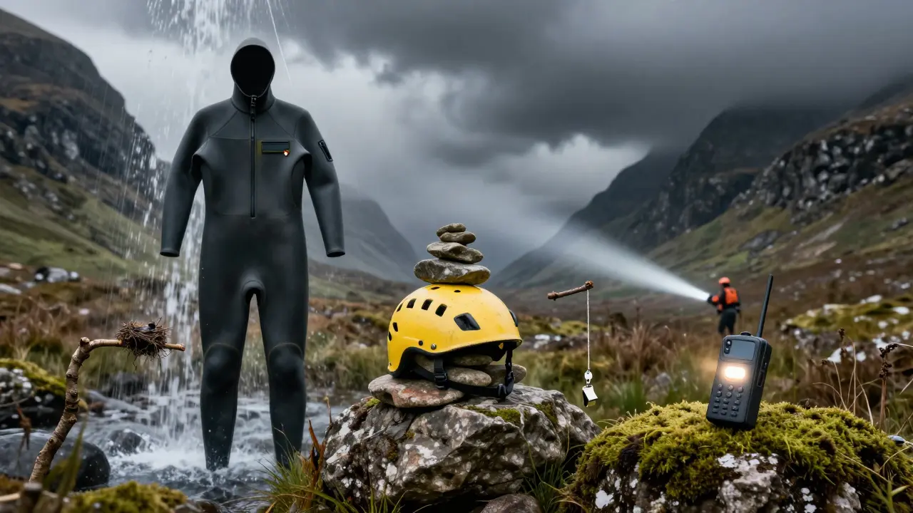 Symbolic scene of safety gear arranged in a Highland gorge landscape with storm and rescue light.