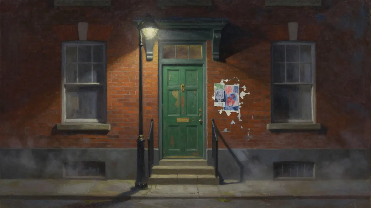 The iconic green door of 100 Broughton Street at night, peeling posters and flickering streetlight.