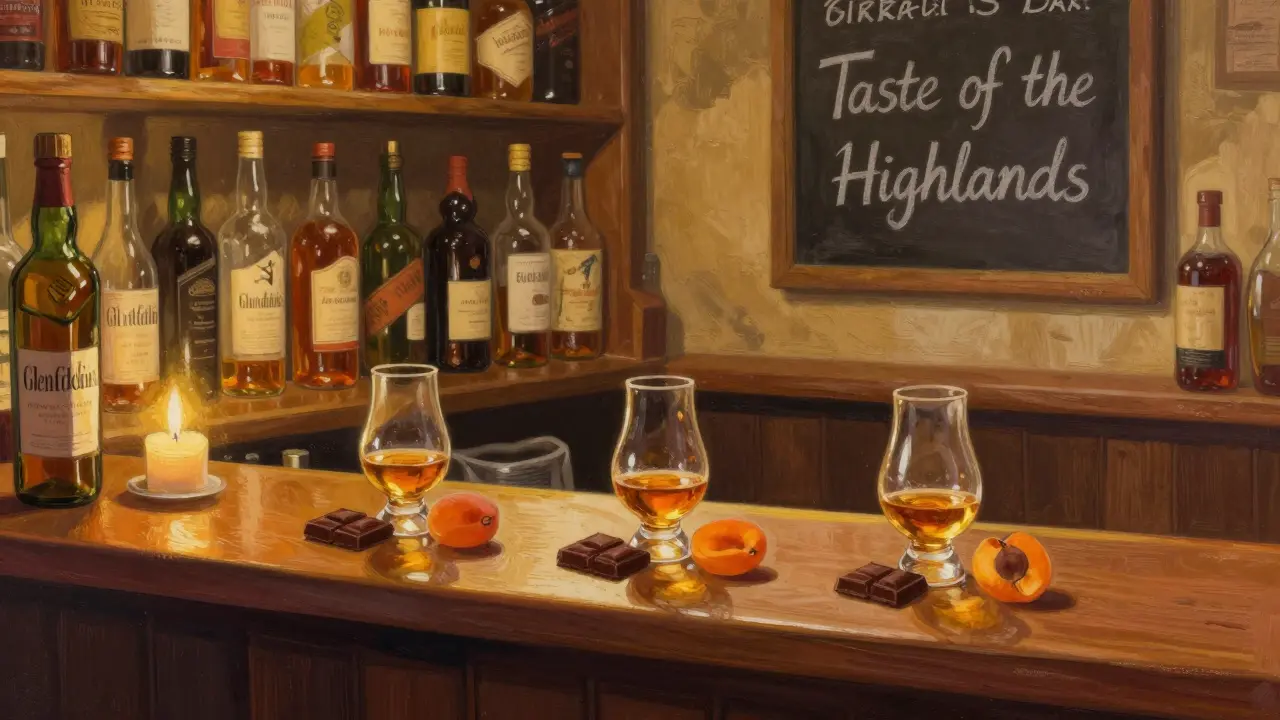 Three small whisky pours with chocolate and apricot on a wooden counter, walls lined with bottles.