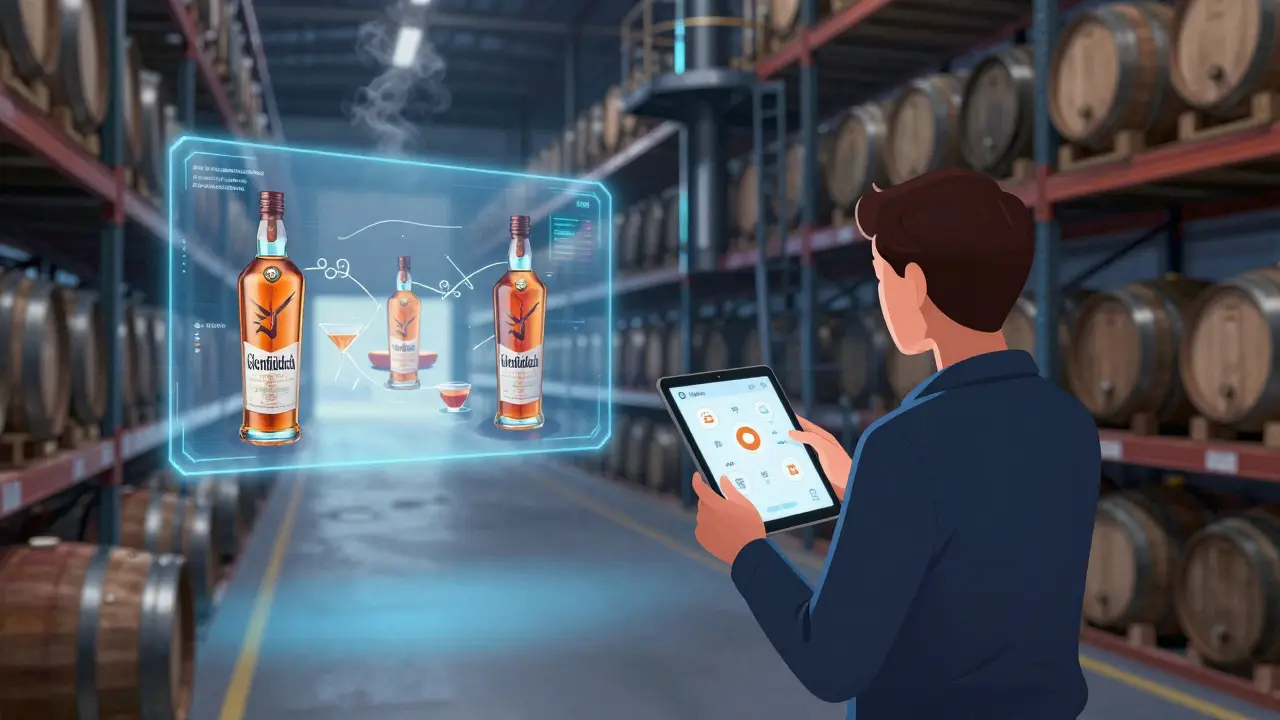 Visitor using a voice-guided tablet to explore Glenfiddich’s wheelchair-accessible warehouse.