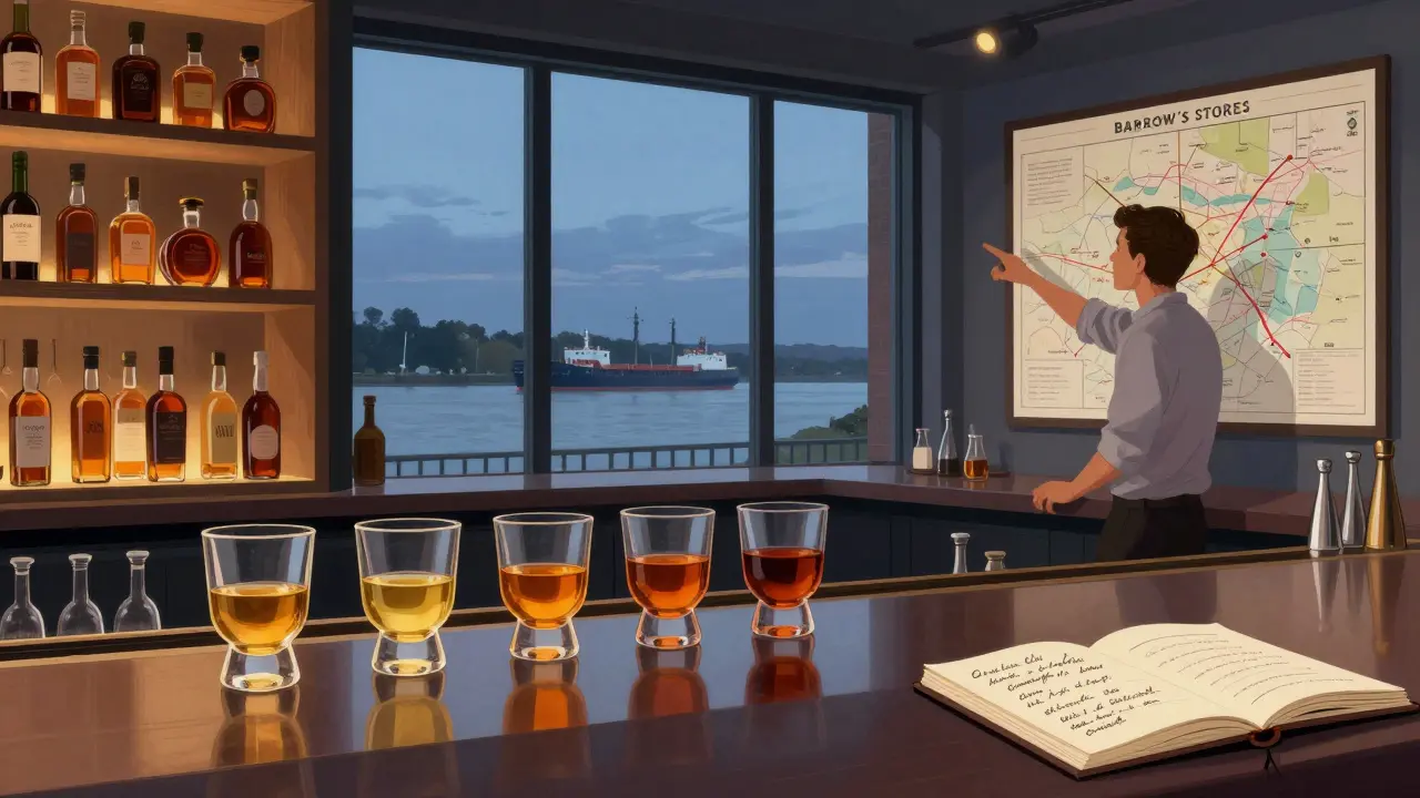 Whisky flight at Barrow’s Stores with river views and bartender pointing to a whisky map.