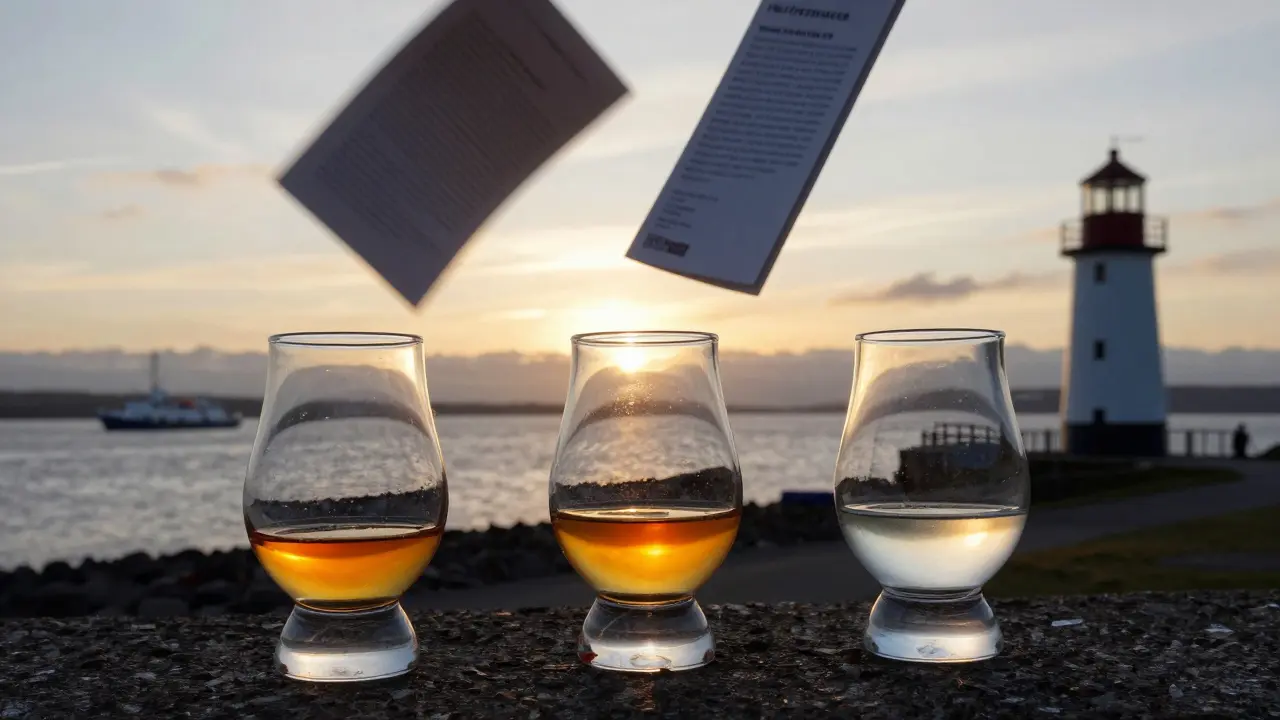 Whisky flight reflecting sunset over River Clyde, representing Scottish regions.