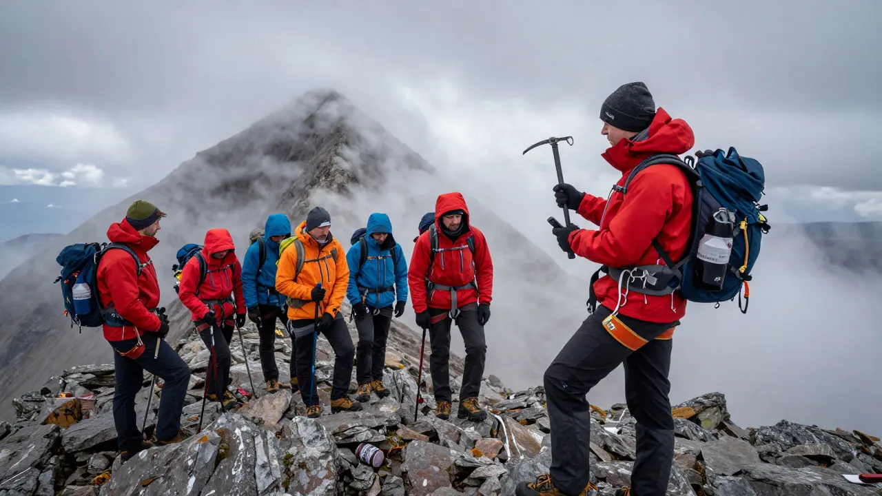A certified mountain guide briefing a small group on Ben Nevis, holding ice axe and satellite phone amid windy conditions.