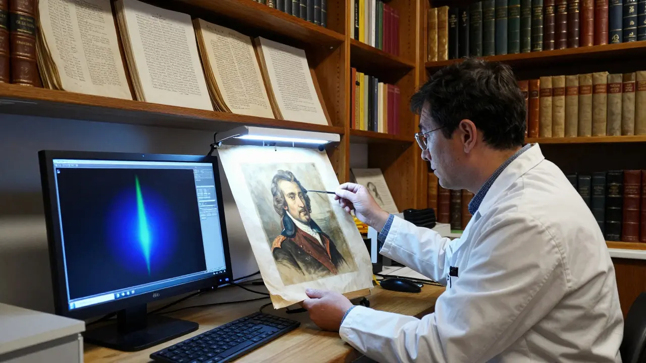 A conservator examines a faded portrait under museum lighting, surrounded by delicate manuscripts in a controlled environment.