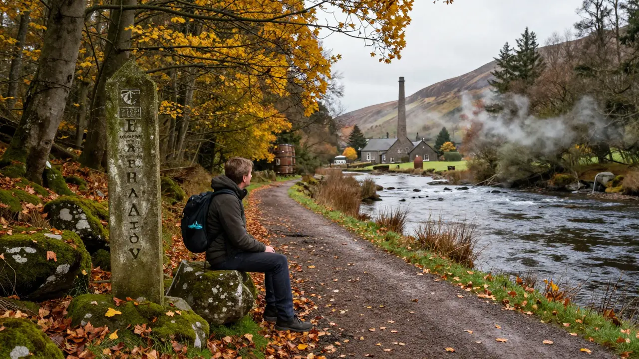 A hiker on the Speyside Way trail in autumn, passing a stone marker beside the river as golden leaves drift through the forest.