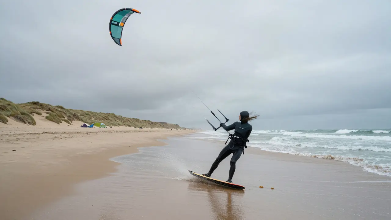A kitesurfer launches from Clachtoll Beach under a dramatic sky, with dunes and a distant campsite.
