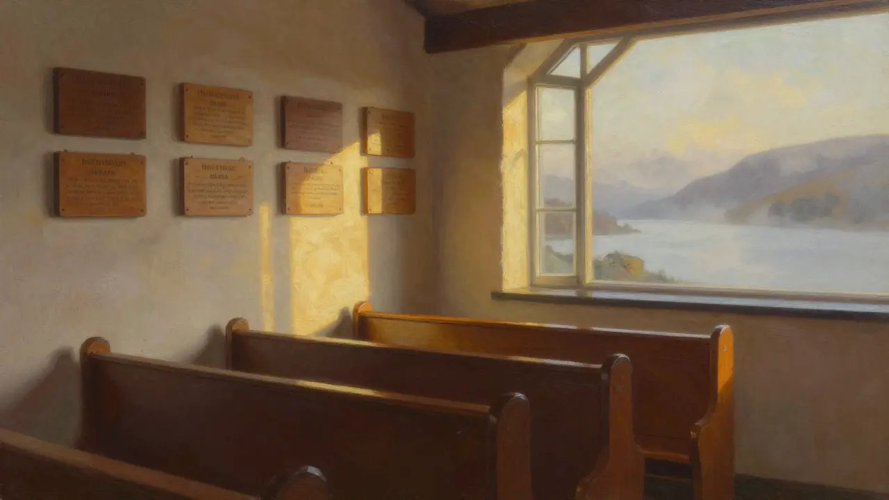 A quiet chapel on Isle of Ewe at golden hour, sunlight streaming through a window onto wooden plaques.