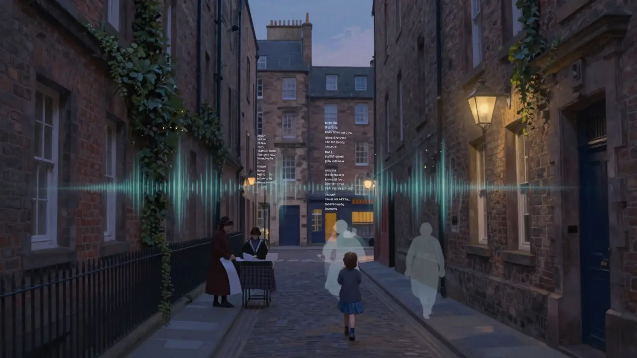 A quiet Edinburgh alley at dusk with hidden speakers in the walls, faint sound waves visible as glowing ripples, ghostly silhouettes of old voices drifting through the air.