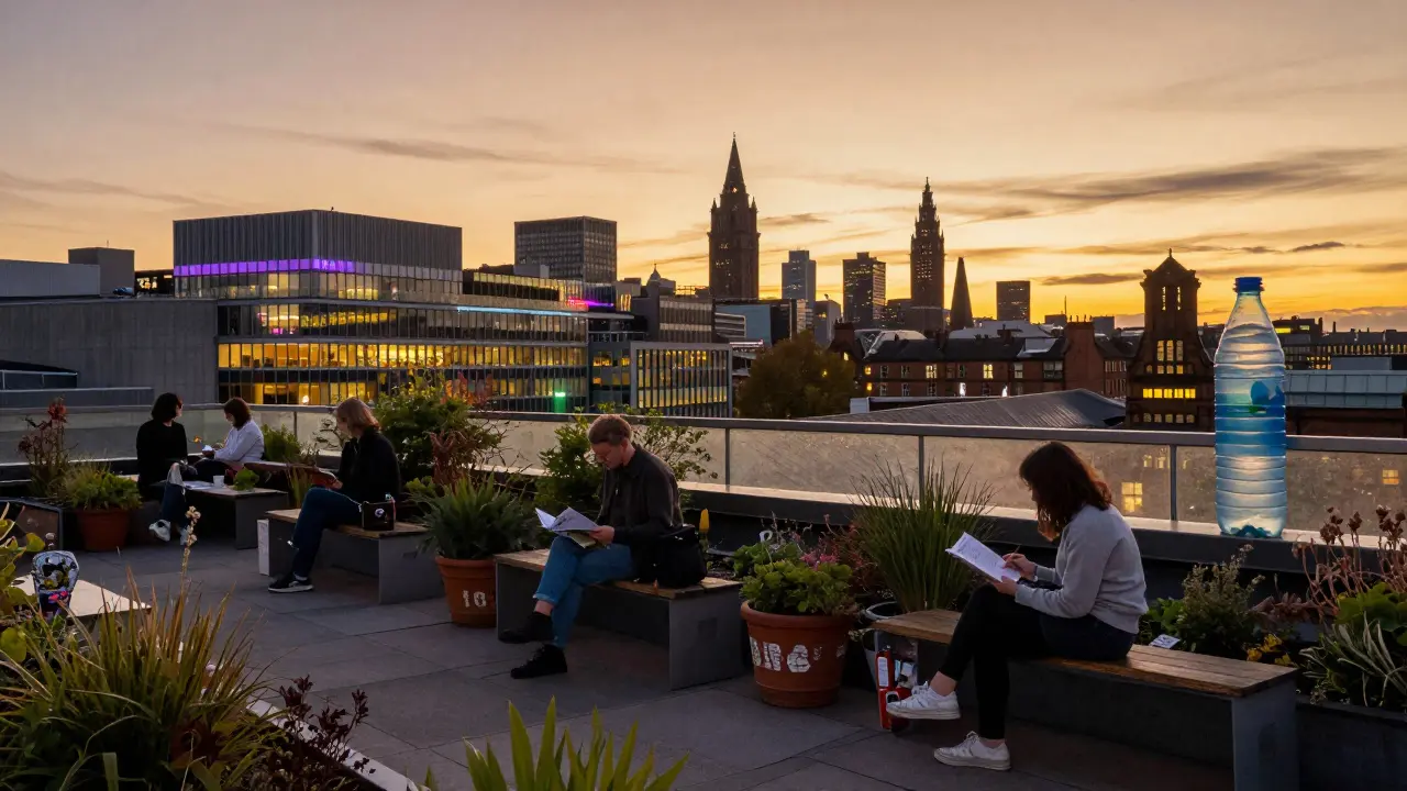 A quiet rooftop garden at sunset with people relaxing, overlooking Glasgow’s city skyline.