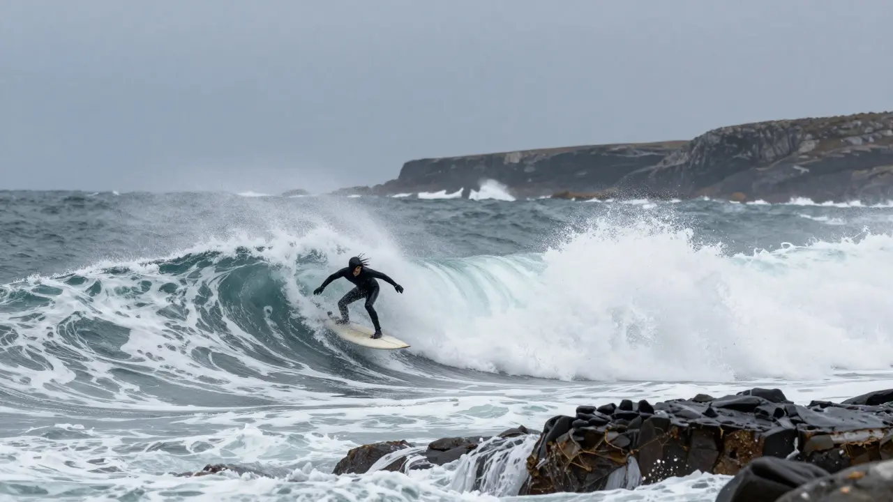 A surfer rides a powerful left-hand wave at Port Appin, Scotland, surrounded by crashing reef break and stormy winter skies.