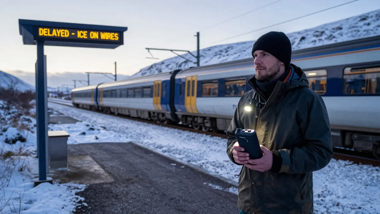 A traveler in winter gear at a Highland bus stop, holding a power bank and headlamp, with a delayed train on icy tracks in the background.