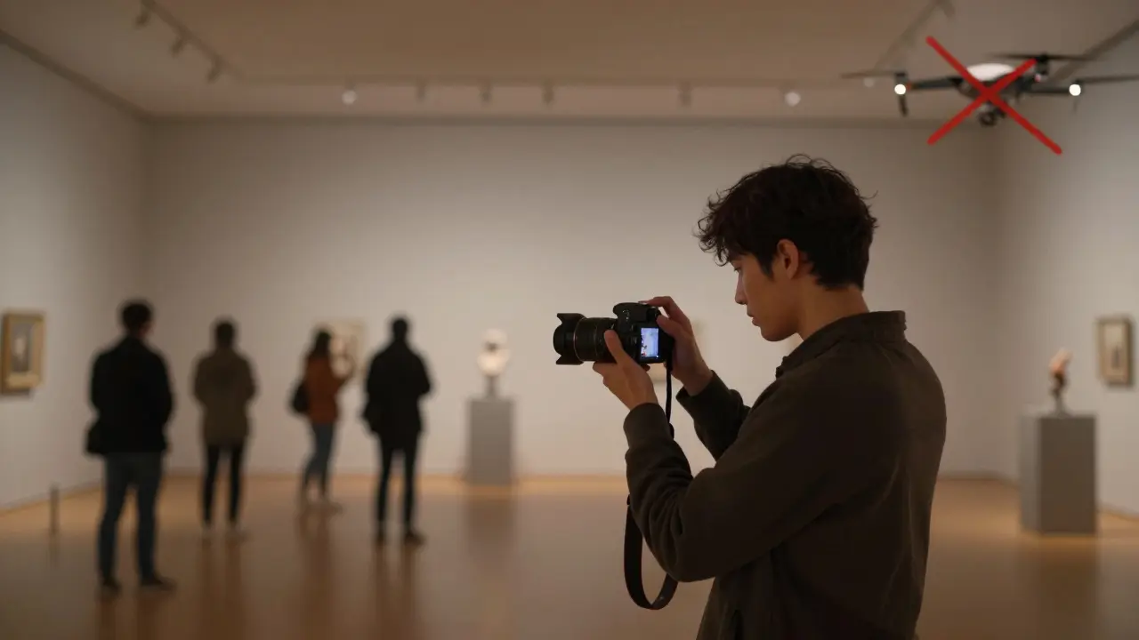 A visitor takes a photo without flash in a museum, while prohibited equipment like drones and ring lights are subtly banned in the background.