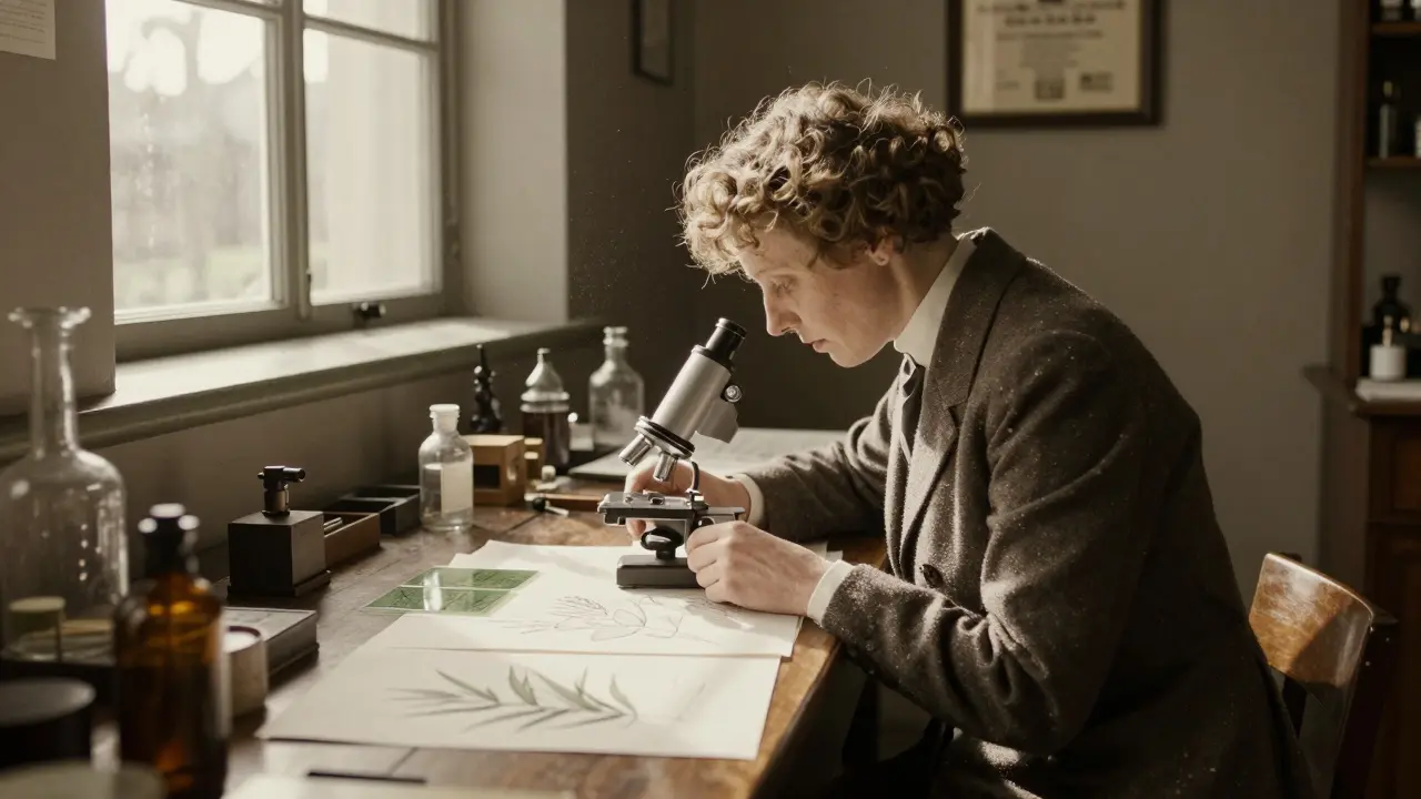 Agnes Arber examining plant specimens under a microscope in a quiet Scottish laboratory with sunlight streaming in.