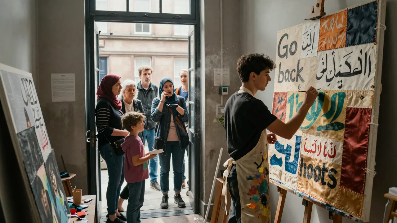 An artist paints on fabric stitched from a hijab, while visitors listen to voice messages from old mobile phones.
