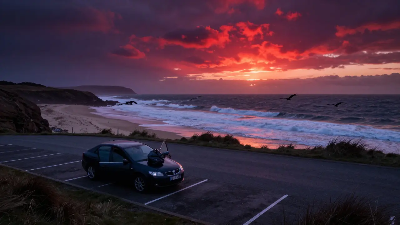 An empty car parked on a cliff above Big Sand Gairloch at dusk, with the sea crashing below and a vibrant sky overhead.