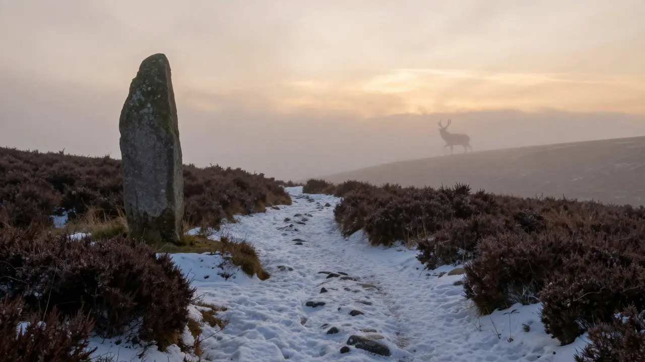 An empty snowy trail leads to an ancient standing stone, where a shadowy stag vanishes into mist.