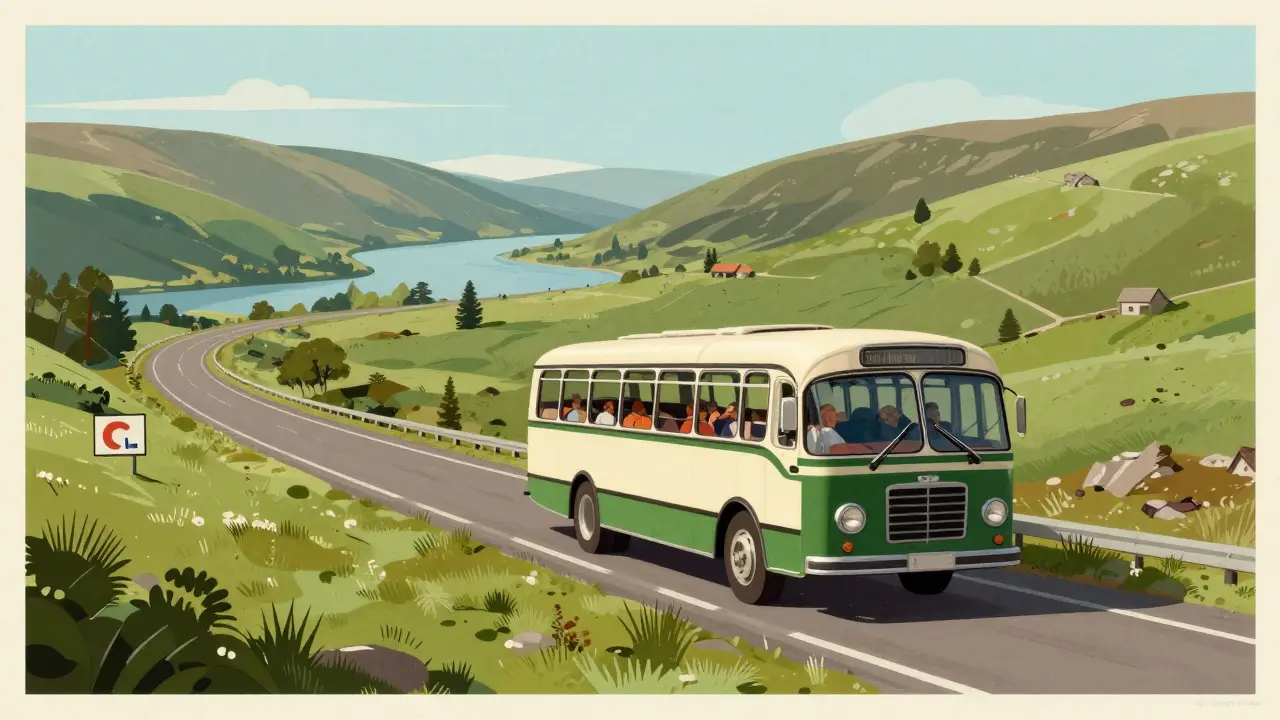 Bus traveling along A9 highway through Scottish Highlands