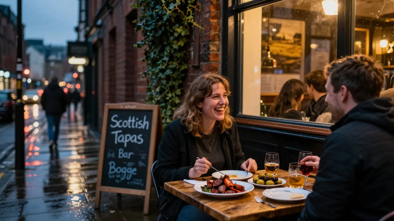 Diners enjoy Scottish-inspired tapas at Bar Bodega in Finnieston, warm lights glowing against a rainy evening street.