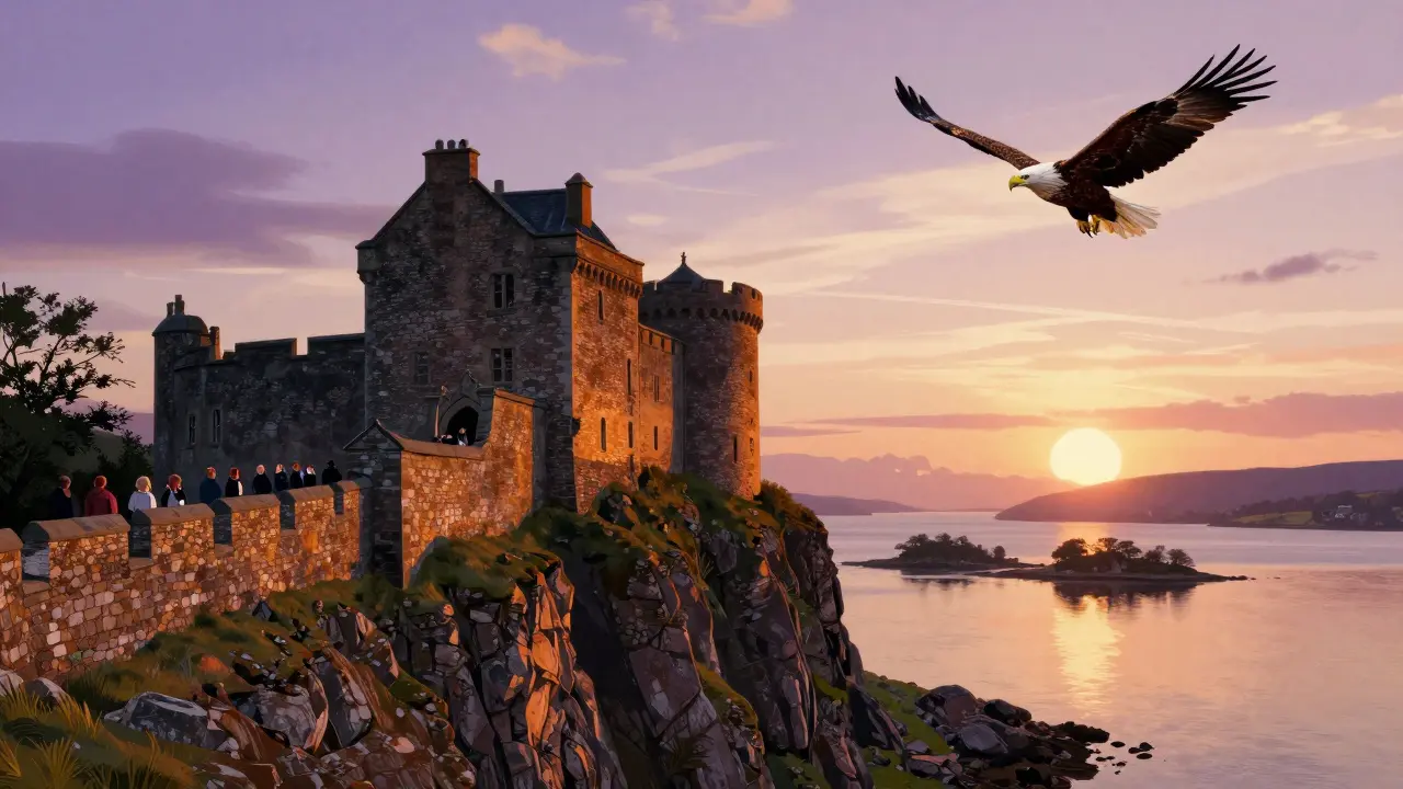 Duart Castle on a cliff at sunset with tourists on the battlements and an eagle flying overhead.
