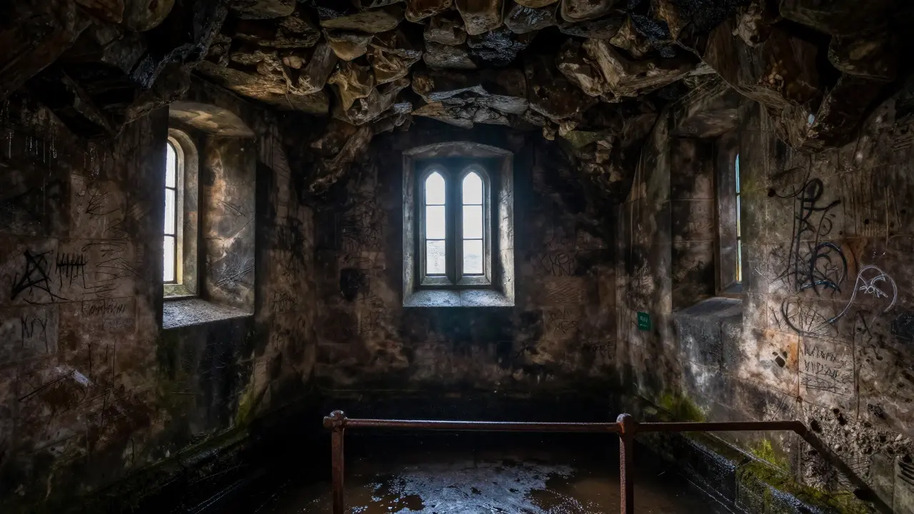 Dungeon inside St Andrews Castle with narrow windows and ancient scratches on damp stone walls.