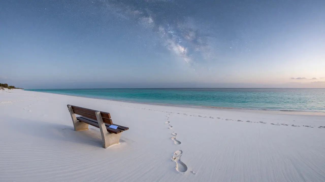 Empty beach at dawn with a single bench and note, serene sea and fading stars above.