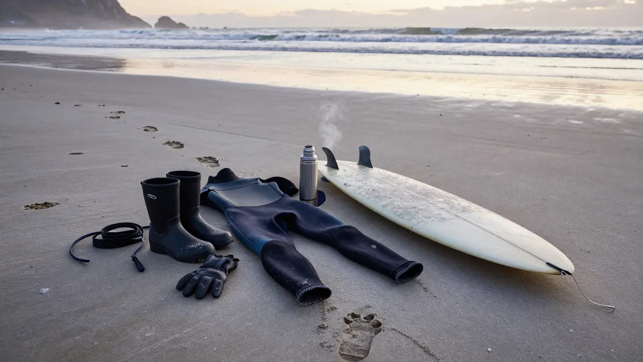 Essential surfing gear—wetsuit, boots, gloves, leash, and thermos—left on a frosty Scottish beach at sunrise.