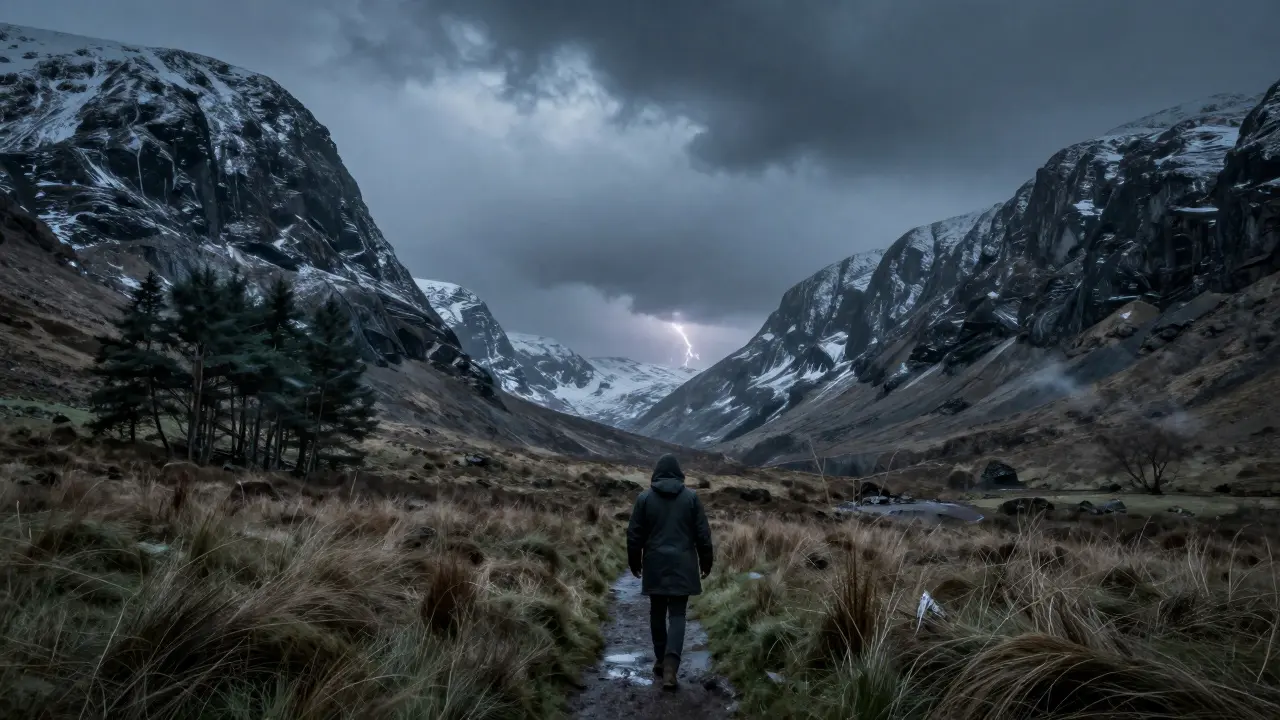 Glencoe valley under stormy skies with a lone traveler on a snow-dusted path, inspired by Game of Thrones.