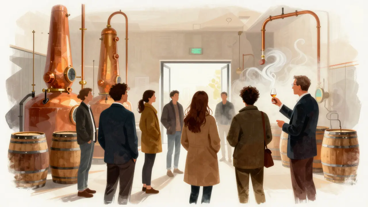 Guided tour group at distillery entrance with barrels and tasting glasses.