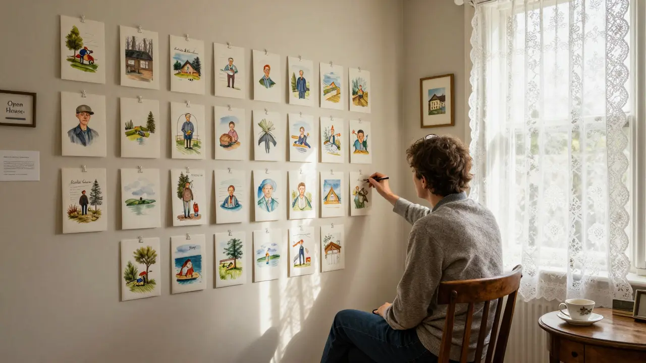 Inside a cozy Leith home turned gallery, walls covered in tiny watercolor paintings, a visitor sits quietly in sunlight, no signs or labels — just personal art and stillness.