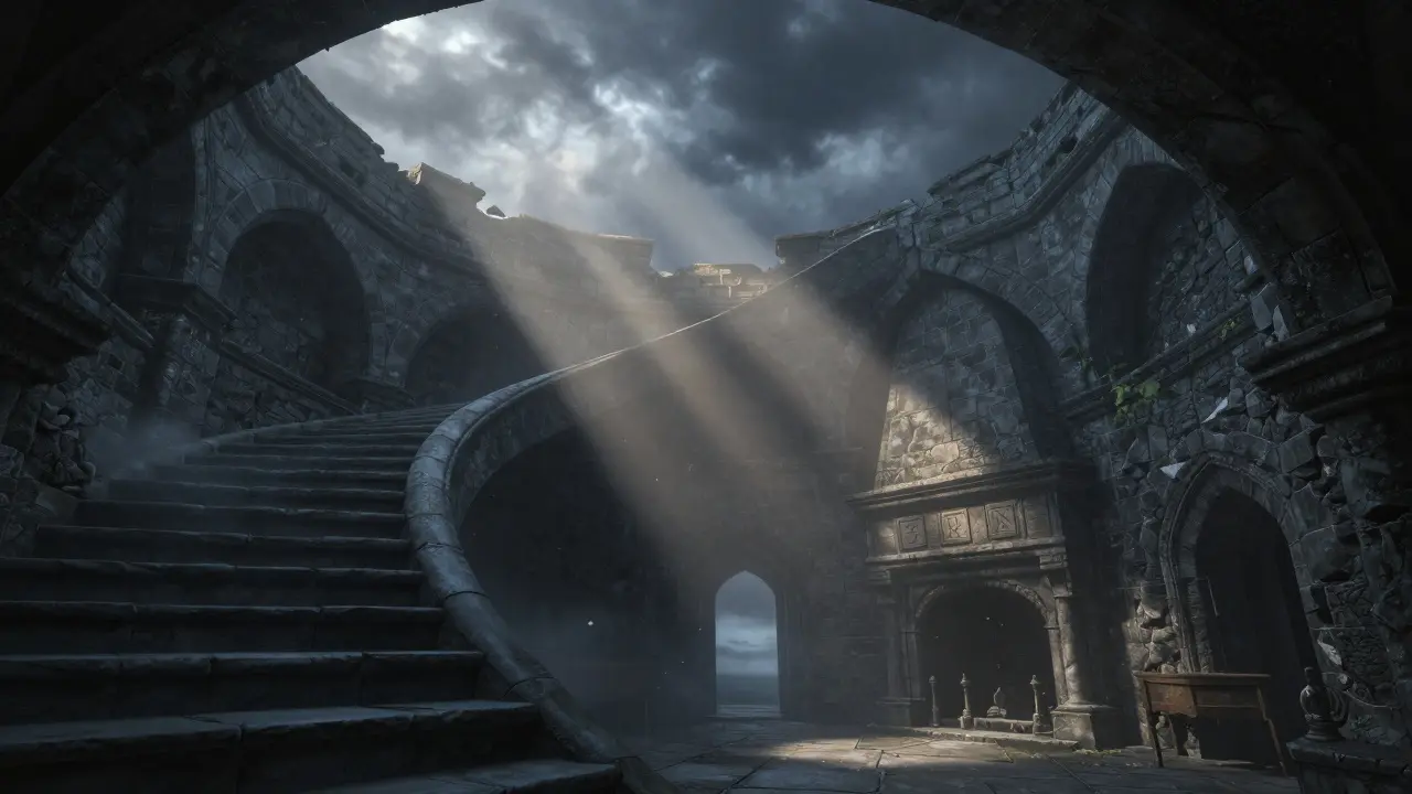 Inside the keep of Tantallon Castle, stone stairs spiral upward through an open roof, sunlight filtering through broken arches and faint carvings on the wall.