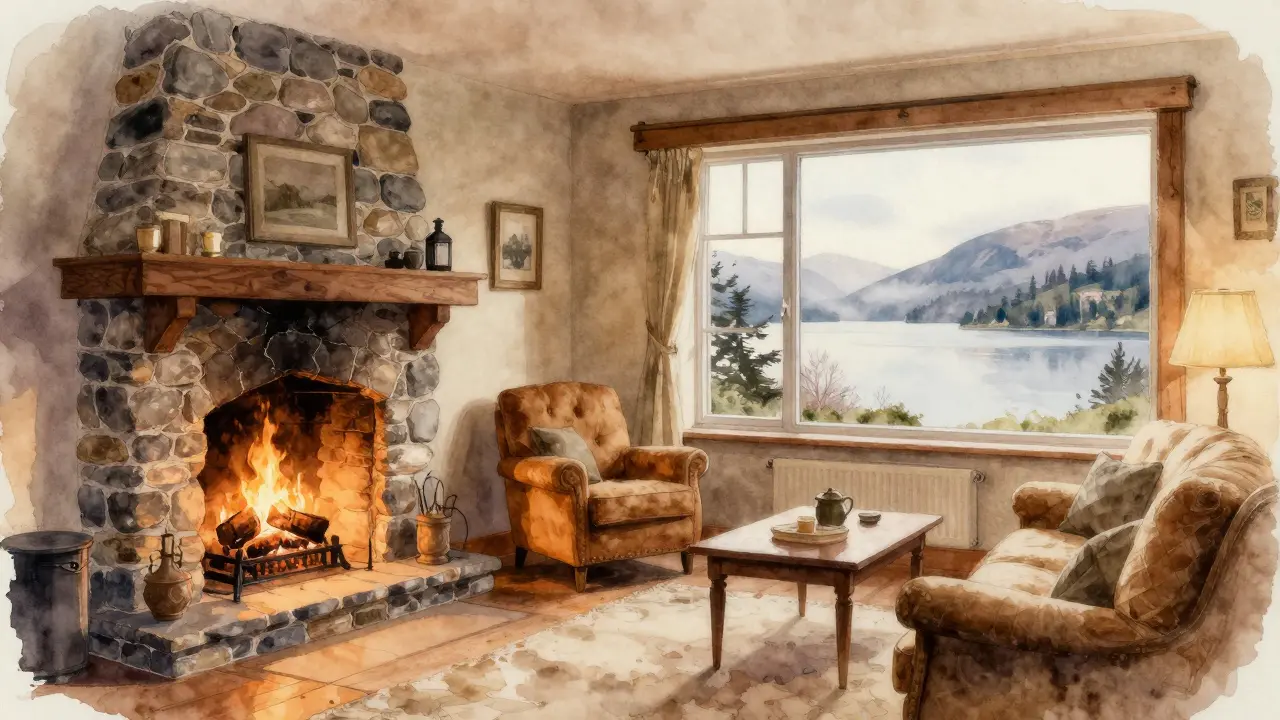 Loch Ness Lodge interior with fireplace and loch view from window.