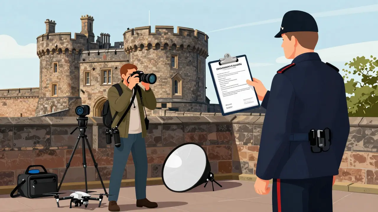 Photographer being stopped by a guard at Stirling Castle with commercial gear visible on the ground.