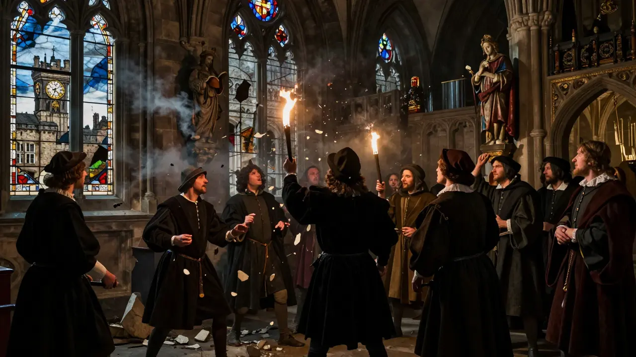 Reformers destroying cathedral interior, torchlight illuminating falling statues and shattered glass.