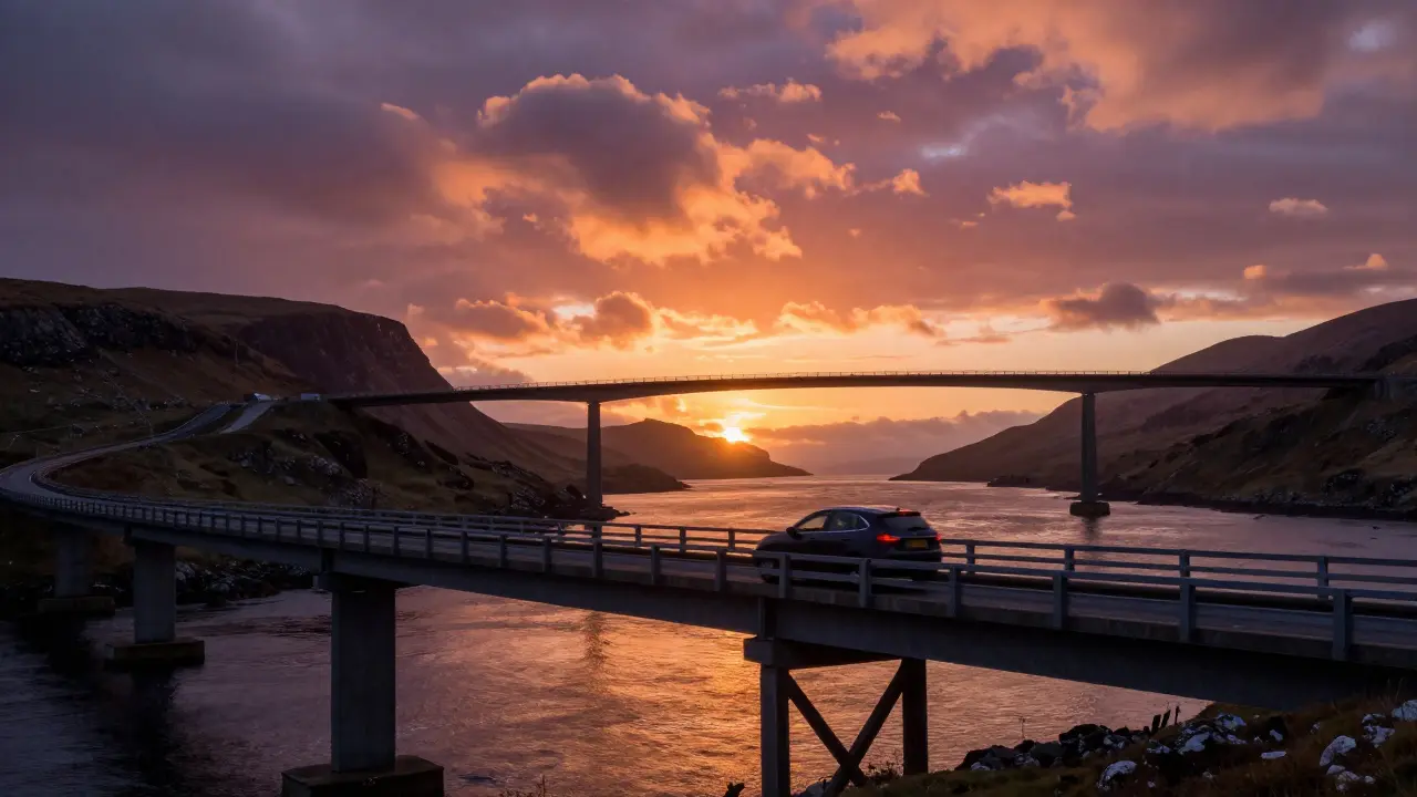 Rental car crossing Skye Bridge at sunset