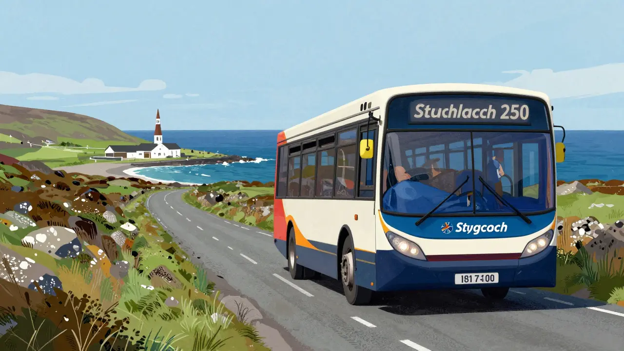 Stagecoach bus on coastal road to Islay with Bruichladdich distillery in distance.