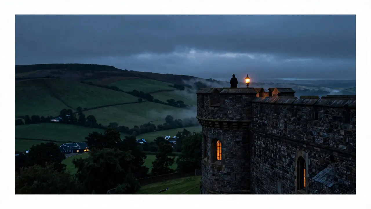 Stirling Castle at dusk with a figure on the battlements, recalling Braveheart's coronation scene.
